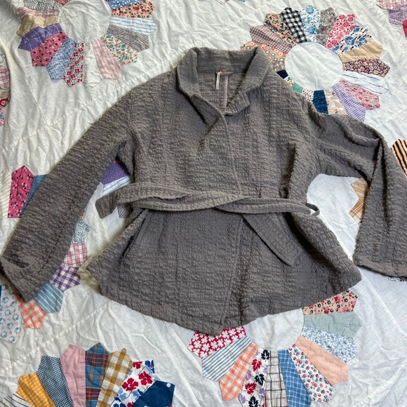 Free People Jackets & Blazers - Free People Grey Textured Wrap Jacket Tie Waist Blazer Small Charcoal